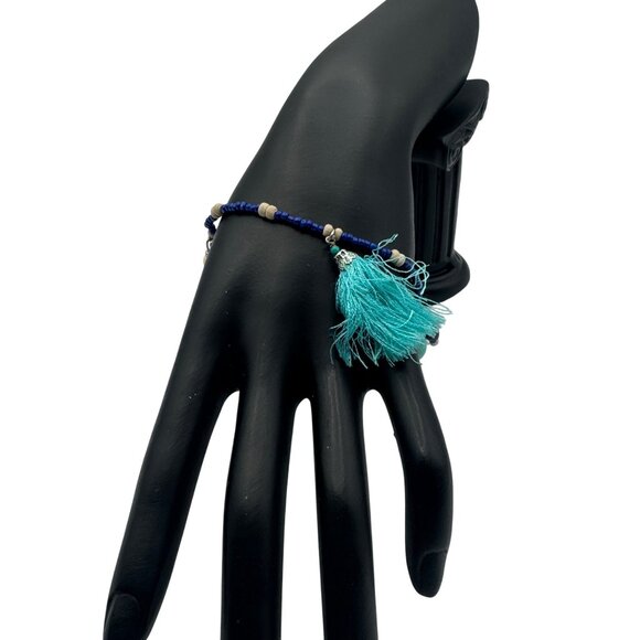 Boho Beaded Bracelet With Blue & Turquoise Tassels And Charms - Picture 3 of 4